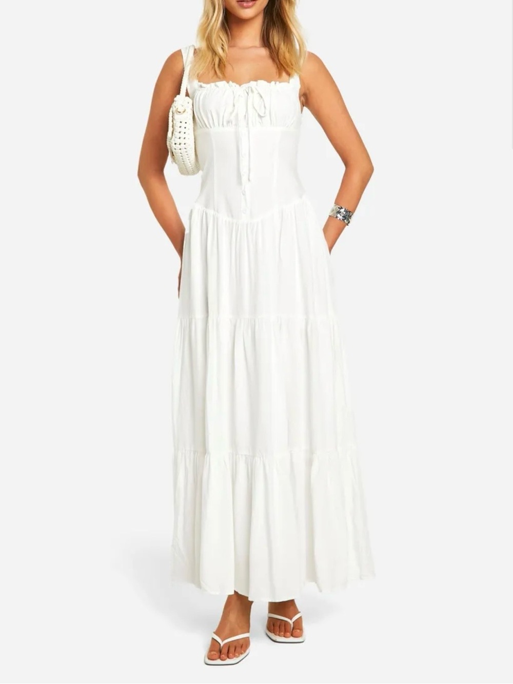 Women's White Tiered Maxi Dress with Tie Front